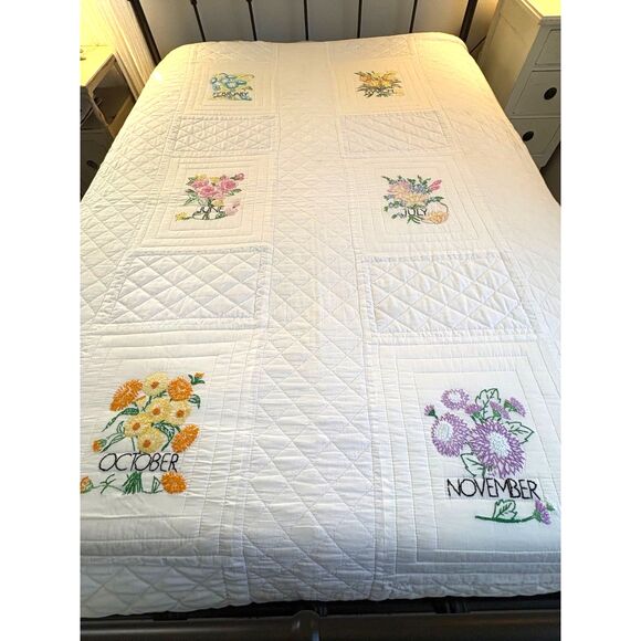 Vintage Hand Stitched Embroidered Quilt Birth Month Flowers Full Size - Picture 1 of 8